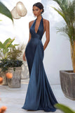 Grey Blue Satin Deep V-Neck Long Mermaid Prom Dress