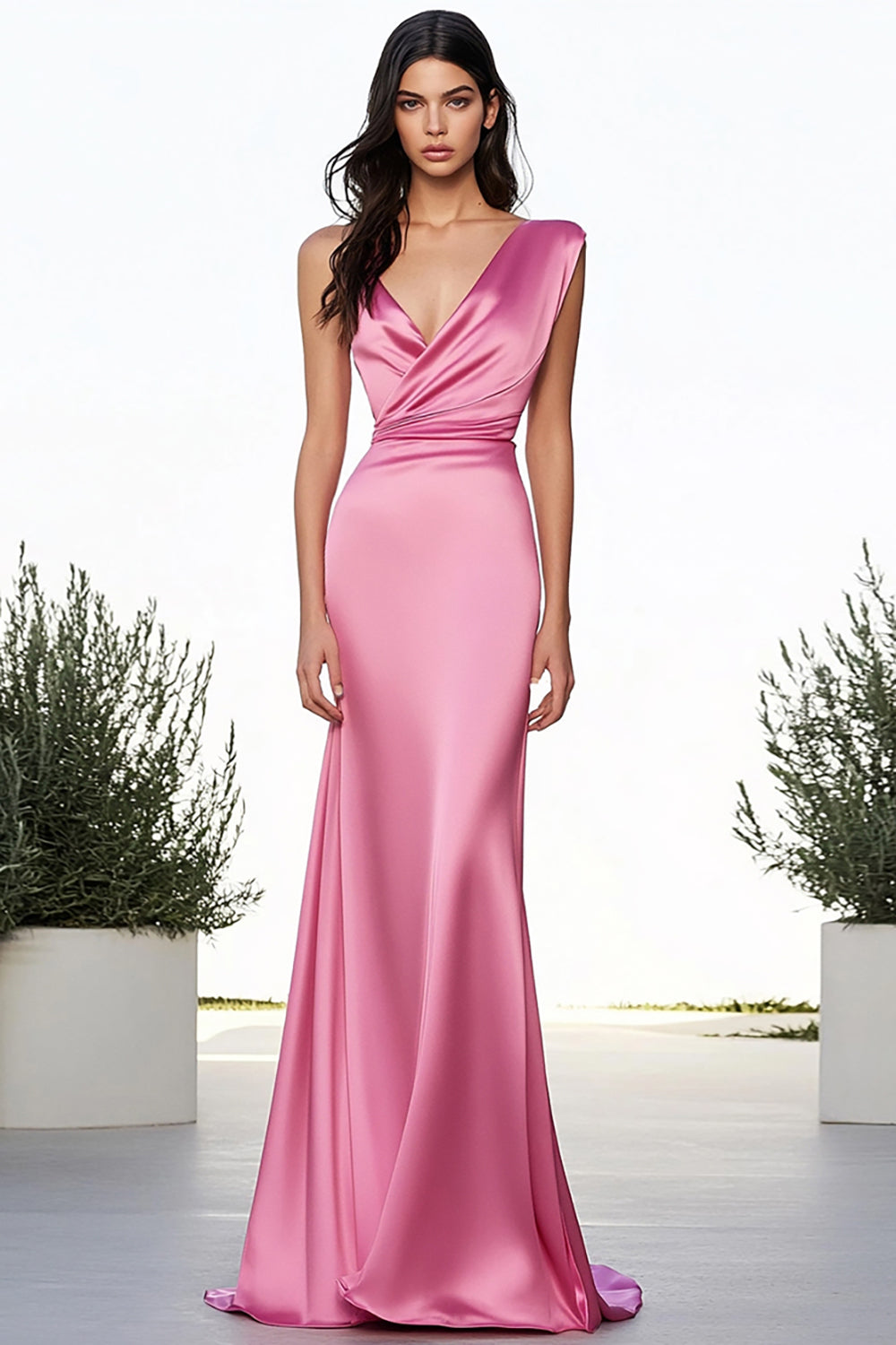 Simple Pink V-Neck Sheath Long Satin Formal Dress