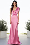 Simple Pink V-Neck Sheath Long Satin Formal Dress