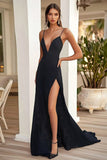 Black Spaghetti Straps V-Neck Long Formal Dress with Slit