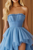 Blue Strapless Asymmetrical Tulle High-Low Prom Dress