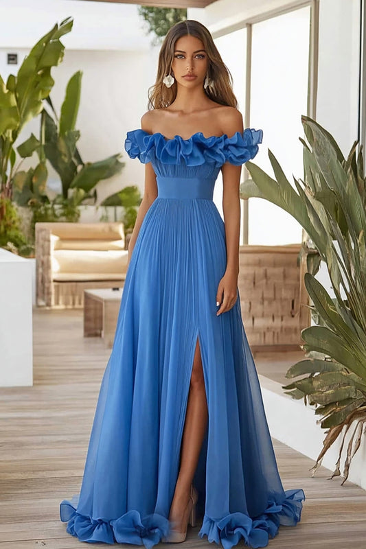 Blue Off the Shoulder A Line Long Formal Dress with Slit