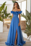 Blue Off the Shoulder A Line Long Formal Dress with Slit
