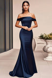 Navy Off The Shoulder Satin Long Mermaid Prom Dress