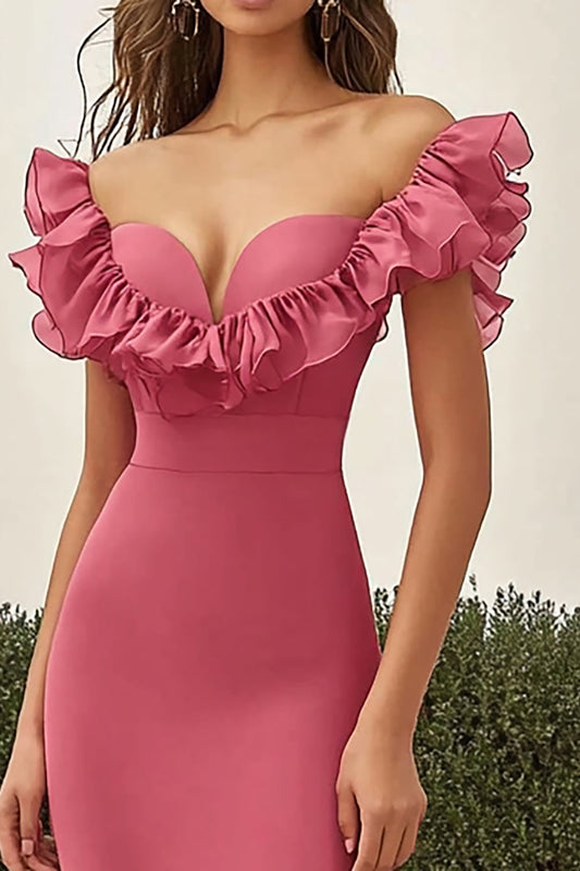 Coral Satin Mermaid Long Prom Dress with Ruffles