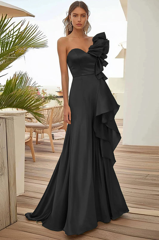 A Line Black One Shoulder Long Satin Prom Dress with Ruffles