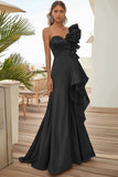A Line Black One Shoulder Long Satin Prom Dress with Ruffles