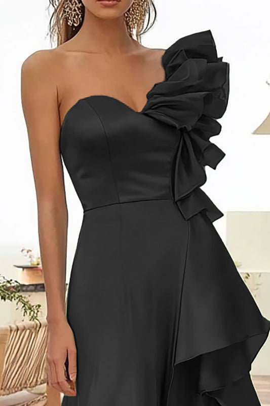 A Line Black One Shoulder Long Satin Prom Dress with Ruffles