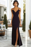 Black Spaghetti Straps Sheath Long Formal Dress with Slit