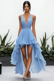 Sky Blue V-Neck A Line High-Low Chiffon Prom Dress
