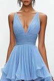 Sky Blue V-Neck A Line High-Low Chiffon Prom Dress