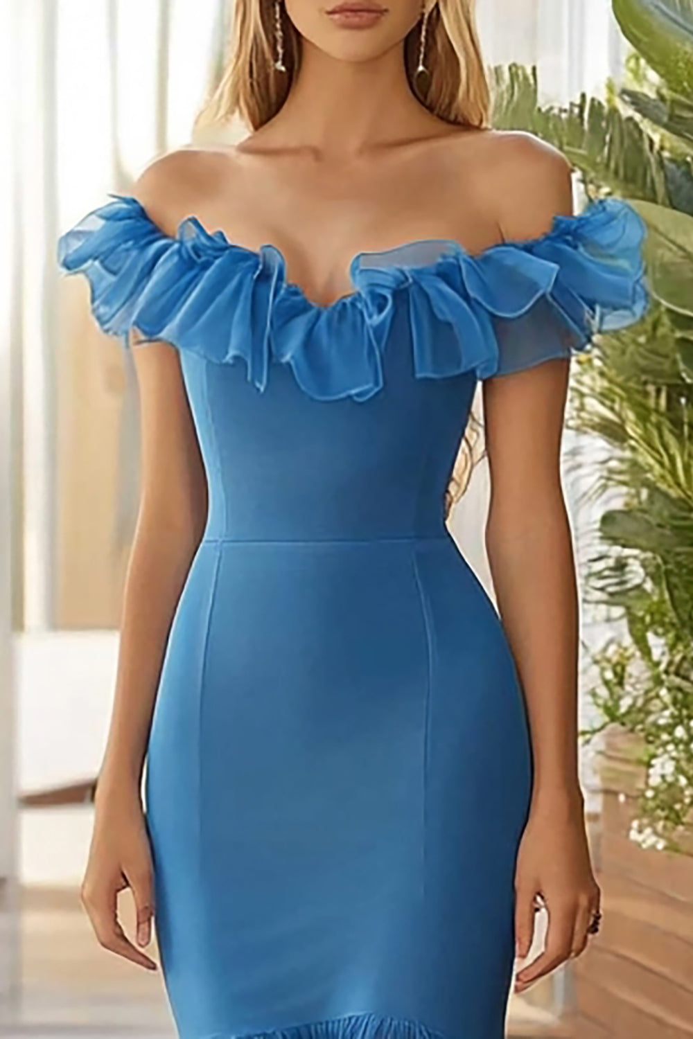 Blue Off the Shoulder Mermaid Long Prom Dress