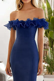 Navy Tulle Off the Shoulder Long Mermaid Prom Dress with Ruffles