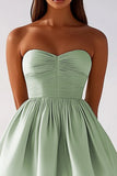 Sage Green Satin Strapless Ruched A-Line Short Graduation Dress
