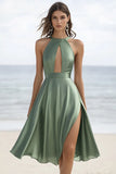 Dusty Sage Chiffon A Line Short Graduation Dress with Slit
