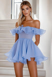 Blue Organza Off the Shoulder A Line Short Graduation Dress with Ruffles