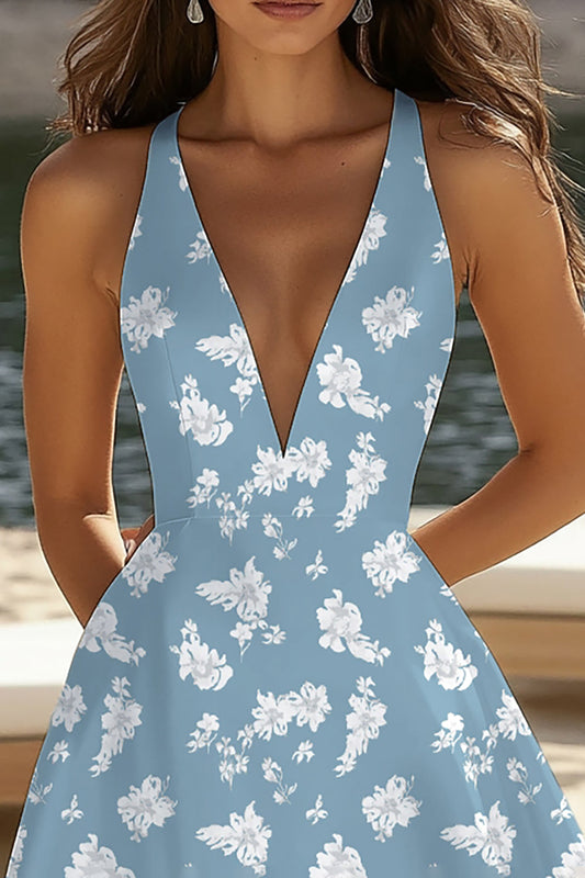 Blue White Flower Deep V Neck A Line Short Graduation Dress
