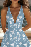 Blue White Flower Deep V Neck A Line Short Graduation Dress