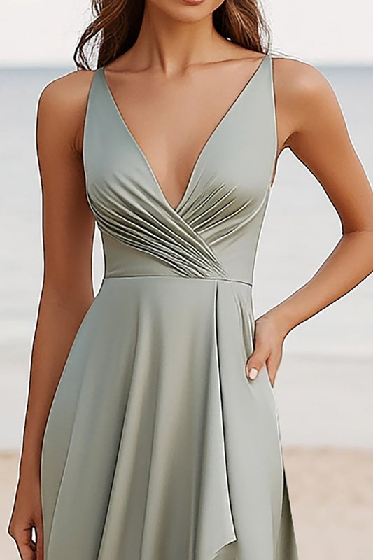 Dusty Sage A Line Ruched V Neck Long Boho Maxi Dress with Slit