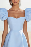 Sky Blue A Line Satin Short Graduation Dress with Puff Sleeves