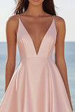 Pink Satin V Neck A Line Sleeveless Short Graduation Dress