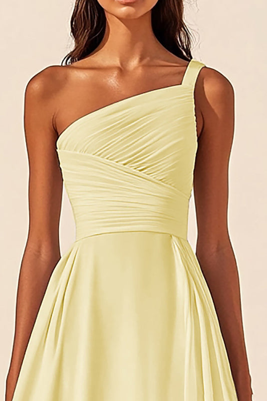 Daffodil Chiffon A Line One Shoulder Midi Graduation Dress with Slit