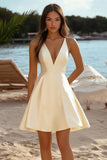 Daffodil Satin A Line Deep V Neck Short Graduation Dress