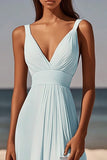 Sky Blue Chiffon V Neck Asymmetrical Short Graduation Dress