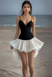 Black and White Sweetheart Asymmetrical Short Graduation Dress with Ruffles