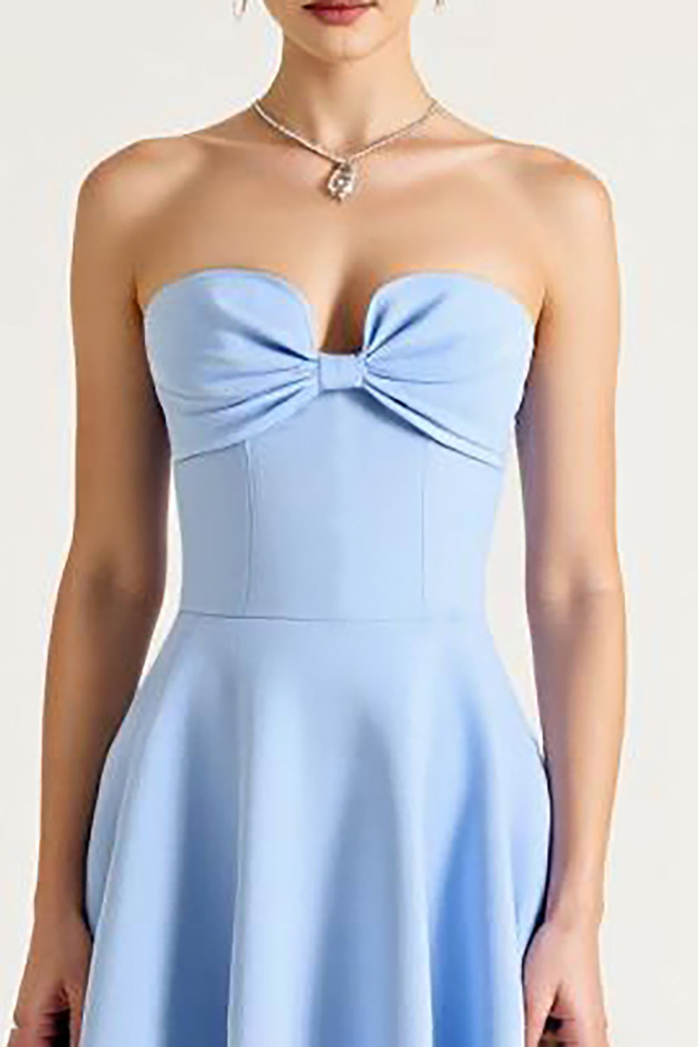 Sky Blue A Line Strapless Satin Midi Graduation Dress with Bow