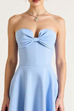 Sky Blue A Line Strapless Satin Midi Graduation Dress with Bow