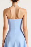 Sky Blue A Line Strapless Satin Midi Graduation Dress with Bow