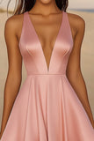 Pink A Line Satin Deep V Neck Short Graduation Dress
