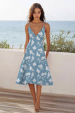 Blue White Flower A Line V-Neck Midi Boho Summer Dress