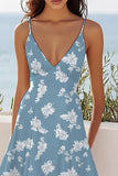 Blue White Flower A Line V-Neck Midi Boho Summer Dress