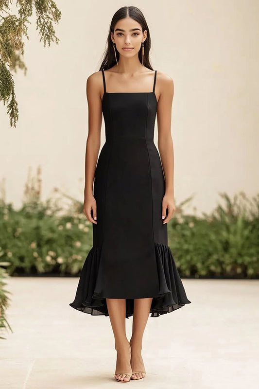 Black Satin Square Neck Long Mermaid Formal Dress with Ruffles