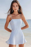 Sky Blue Satin Square Neck Short A Line Cocktail Dress