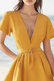 Yellow Satin V Neck Short Sleeves A Line Cocktail Dress with Sash