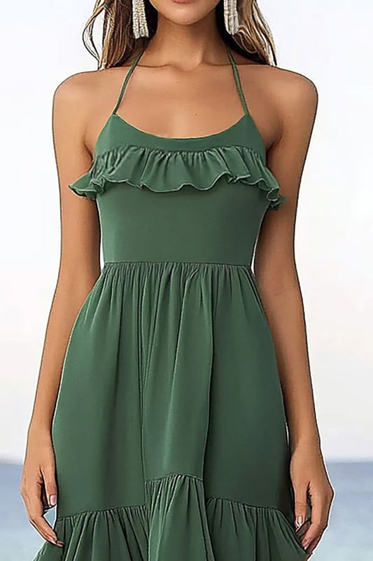 Eucalyptus A Line Chiffon Halter Boho Maxi Dress with Ruffles