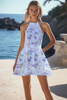Blue Halter Floral Sleeveless A Line Short Boho Dress