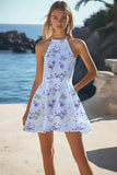 Blue Halter Floral Sleeveless A Line Short Boho Dress