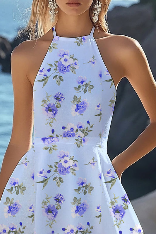Blue Halter Floral Sleeveless A Line Short Boho Dress