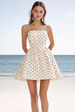 Ivory A Line Polka Dots Spaghetti Straps Short Boho Dress