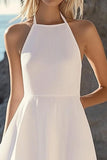 White and Blue Flower Halter A Line Short Sleeveless Boho Dress