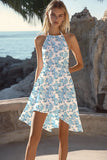 White and Blue Flower Halter A Line Short Sleeveless Boho Dress