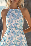 White and Blue Flower Halter A Line Short Sleeveless Boho Dress