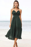 Dark Green Chiffon Halter A Line Midi Boho Dress with Ruffles