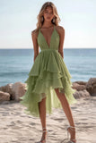 Green Chiffon Asymmetrical V Neck A Line Boho Dress with Ruffles
