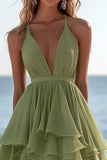Green Chiffon Asymmetrical V Neck A Line Boho Dress with Ruffles