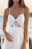 White A Line Lace Spaghetti Straps Midi Graduation Dress